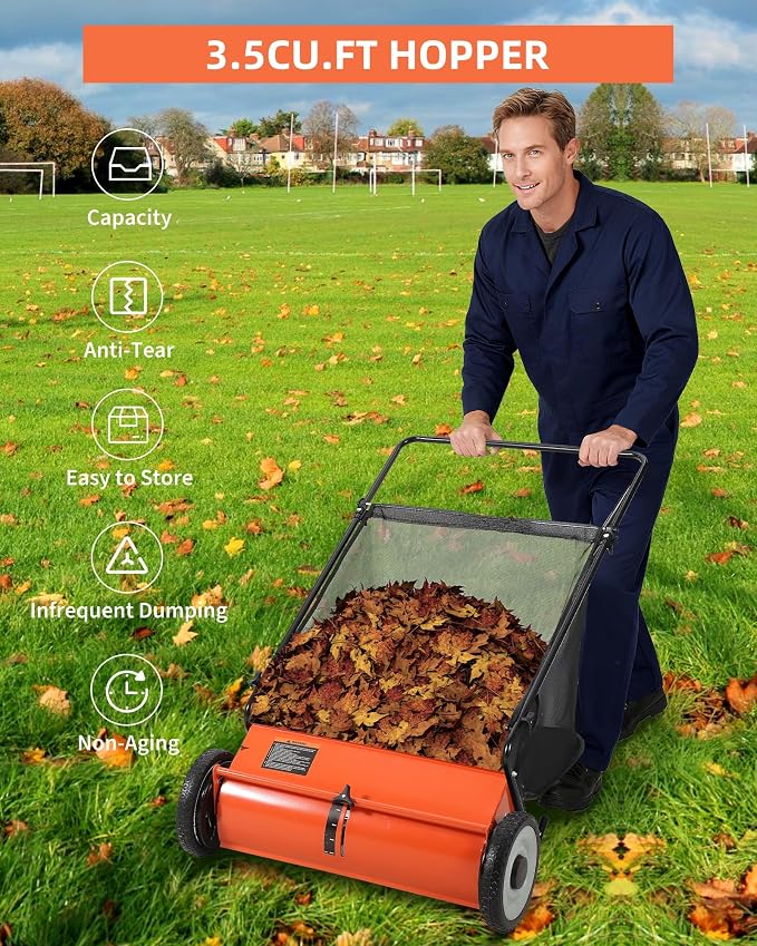 21-Inch Push Lawn Sweeper, 3.5 Cu. Ft. Hopper Capacity Leaf & Grass Collector with 4 Spinning Brushes, Adjustable Height, for Grass Clippings, Leaves & Debris, Orange