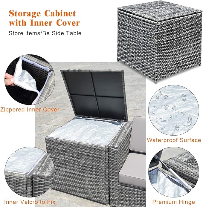 Tangkula 8 PCS Outdoor Patio Furniture Set, Rattan Wicker Sofa Set, Sectional Sofa Couch Conversation Set w/Storage Table and 12 Zippered Cushions for Garden Backyard Poolside (White)