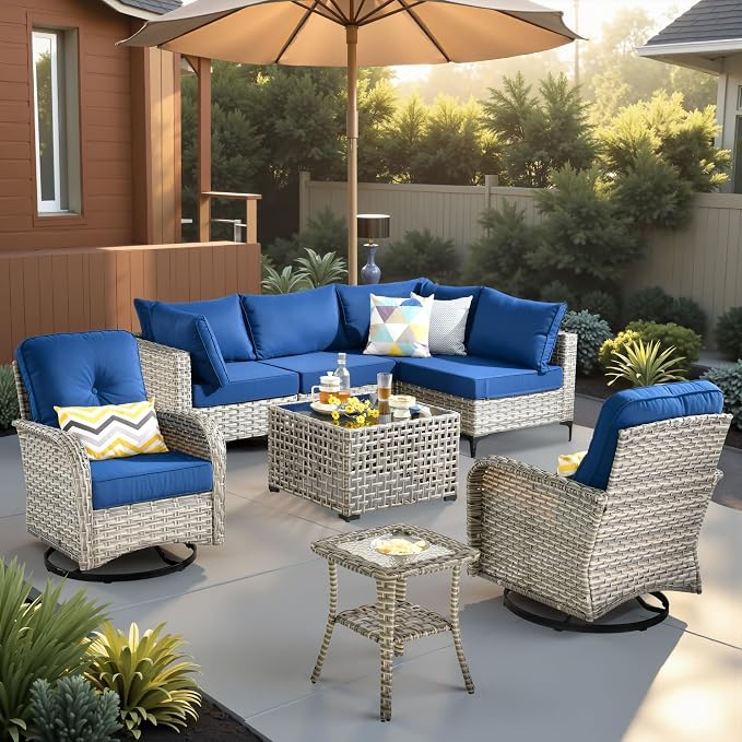 CAODOC Outdoor Sectional Patio Furniture Set,8 Pieces Wicker Conversation Sets L Shaped Couch,Out Door Sofa Outside Furniture with Swivel Chairs,Blue
