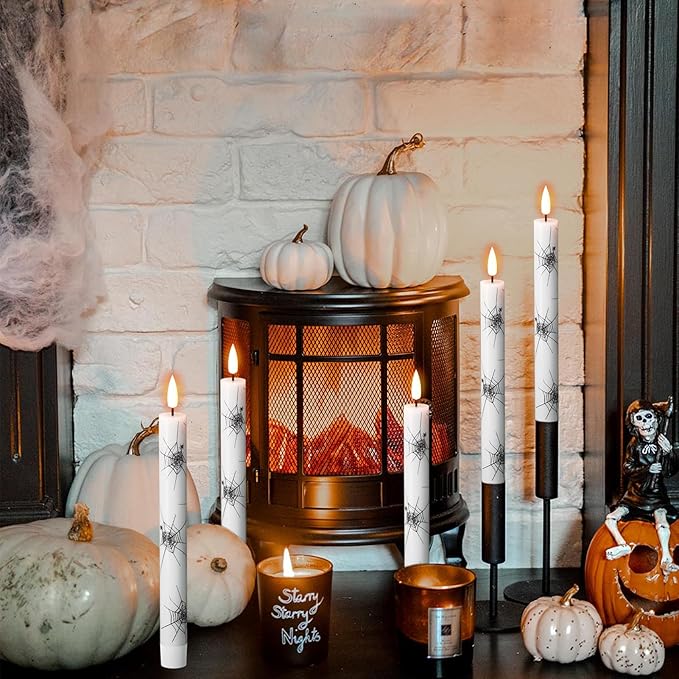 Eldnacele Halloween Flameless Taper Flickering Candles with Remote and Timer, Battery Operated Cobweb Decal Real Wax 3D Wick LED Candles White 4 Pack for Dinner Holiday Spooky Halloween Decor