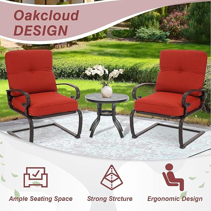 4 Pieces Metal Outdoor Furniture Patio Conversation Set, Glider Chairs Set with Round Side Table, Spring Lounge Chair Sets Metal Frame Wrought Iron Look (Red)