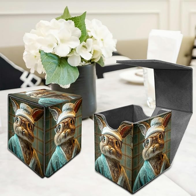 Glasses Rabbit Card Deck Box for MTG, Personalized Card Storage Case Fits 120+ Sleeved Cards, Premium Leather TCG Box with Strong Magnetic Closure for Magic, CCG, PTCG, Baseball Cards