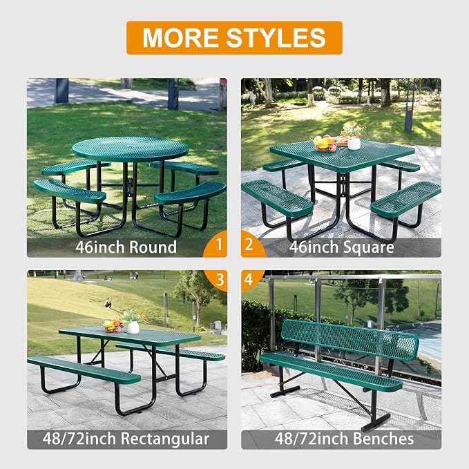 46In Round Metal Picnic Table, Commercial-Grade Heavy Duty Outdoor Furniture, Rust-Resistant Outside Table for Patio, Garden, Playground and Parks (Green)
