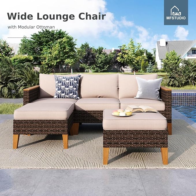 MFSTUDIO 8 Piece Wicker Patio Furniture Sets, 2 x Swivel Sofa, 2 x Ottoman, 4 x Corner Sofa, All-Weather PE Rattan Patio Conversation Set Outdoor Sectional Sofas for Garden(Beige Cushions)