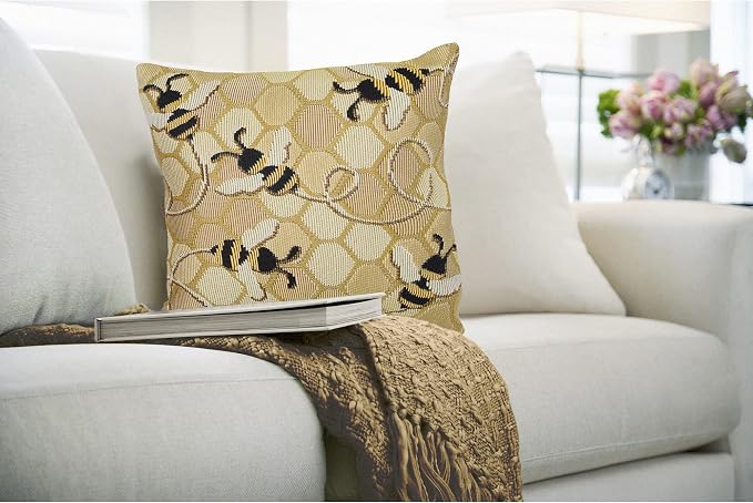 Liora Manne MARINA Indoor/Outdoor Power Loomed Easy Care Pillow - Transitional Geometric Casual Nature Accent (Bee Free Honey) (18" x 18")