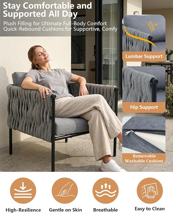 5 Piece Patio Furniture Set, Woven Rope Outdoor Furniture Couch with 2 Round Coffee Tables, All Weather Patio Conversation Sets with Oversized 3-Seater Sofa & Washable Cushions for Backyard