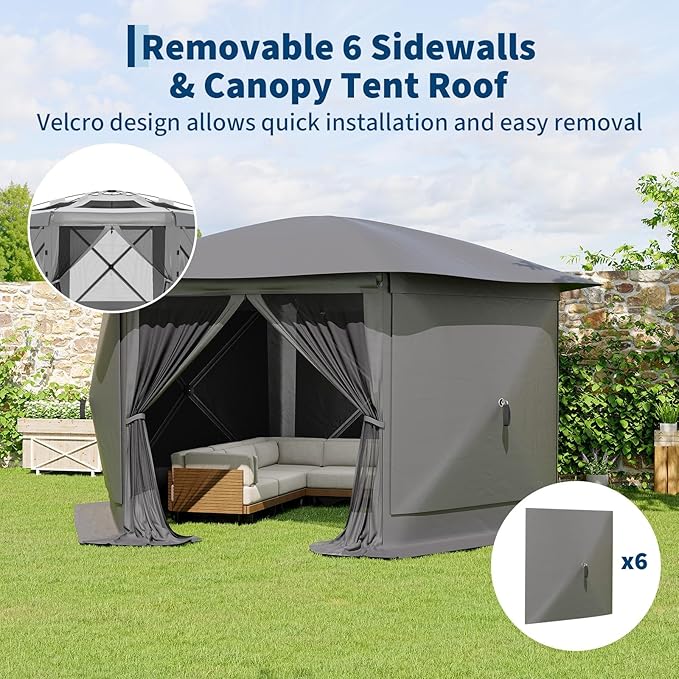 GarveeLife 11.5x11.5FT 6-Sided Pop Up Gazebo Tent，One-Push Setup Canopy Tent with Mesh Panels & Removable Wind Cloths, Outdoor shelter for Camping, Backyard Parties, Outdoor Events - Grey