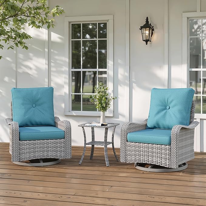 3-Piece Patio Furniture Set, Outdoor Swivel Rocking Chairs with 4" Thick Cushions & Side Table, All-Weather PE Rattan & Rust-Resistant Steel Frame Conversation Set for Porch, Backyard, Turquoise