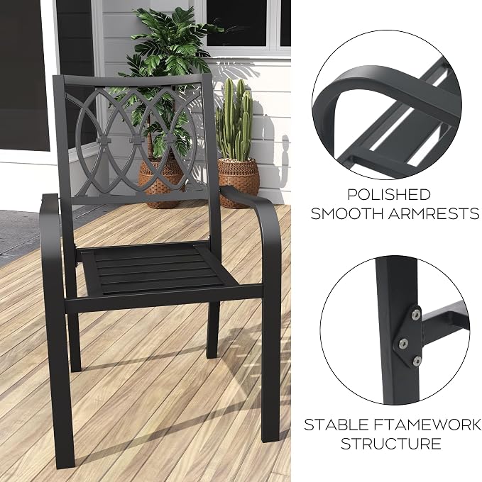 5-Piece Outdoor Patio Dining Set 37.8" Square Wood-Grain Metal Table with Umbrella Hole 4 Metal Chairs 350 lbs Capacity Ergonomic Slat Design Quick Assembly for Garden Black