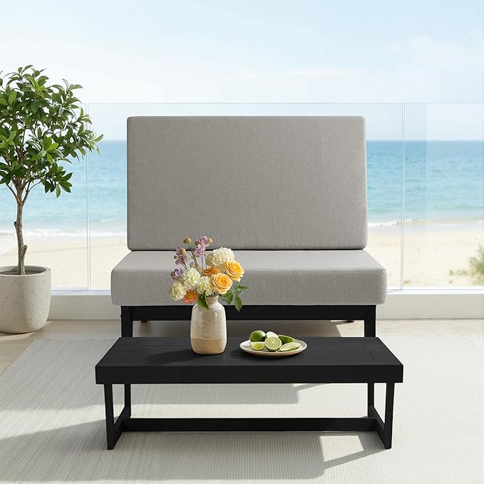 UIXE Black Wood Patio Furniture Sets, 2 Pieces All Weather Patio Loveseat Outdoor Sofa with Solid Wooden Coffee Table - Light Camel