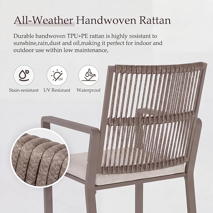 Outdoor Patio Wicker Rattan Dining Chairs, Heavy-Duty Wrought Iron Frame Supports 400lbs, Ergonomic Backrest, Detachable Breathable Cushion, for Garden & Porch, Light Brown, Set of 2