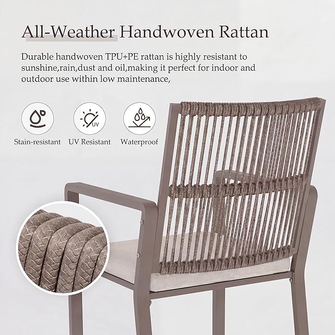 7 Pieces Outdoor Dinning Set Featuring 1 Aluminum Table and 6 Iron Alloy Ratten Chairs Waterproof and Rust-Proof Courtyard Style Table Garden Balcony Poolside, Light Brown 7 Pcs