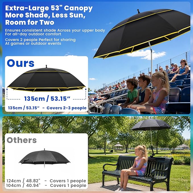 Chair Umbrella with Clamp,2PACK 53 inches Double Canopy Beach Chair Umbrella with Universal Clamp,50+ UV Protection,360° Swivel,Folding Clip on Sun Umbrellas for Table,Camping,Bench Chairs,Golf Cart
