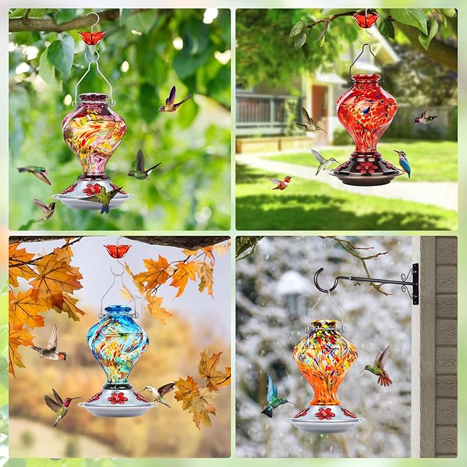 Hummingbird Feeder, BOLITE Glass Hummingbird Feeders for Outdoors Hanging, Hand Blown Twisted with Ant Moat, 5 Bee-Proof Ports, 360° Perch, Leak-Proof, 24oz, Orange, Gifts for Mom Dad Women Men