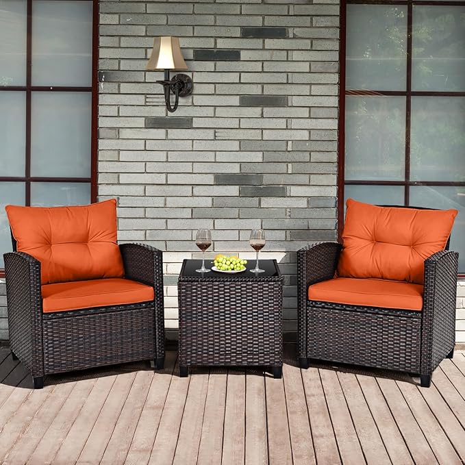 HAPPYGRILL 3 Pieces Patio Conversation Set, Outdoor Furniture Set PE Rattan Sofa Set with Removable Cushions, PE Wicker Chairs with Tempered Glass Side Table for Porch Lawn Garden Balcony Backyard