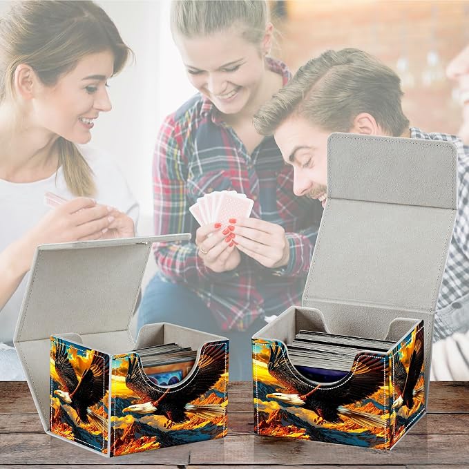 Card Deck Box for MTG, Cards Storage Box Fits 120+ Sleeved, Leather Small Size Strong Magnetic Closing Card Case for Board Games Magic TCG CCG Baseball Collection, Mountain Eagle
