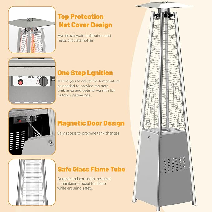 FOOWIN Propane Patio Heater, 48,000 BTU Outdoor Patio Heater with Wheels/Waterproof Cover & Gloves,Quartz Glass Tube Pyramid Outdoor Heater for Party,Backyard, Garden Silver Grey