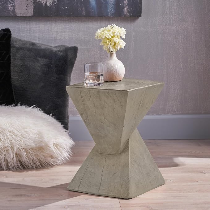 Lightweight Concrete Outdoor Side Table,Hourglass Shape End Table,Wood-Like Texture Modern Small Geometric Accent Tables for Patio Garden Balcony Porch, 12.25" H Light Gray