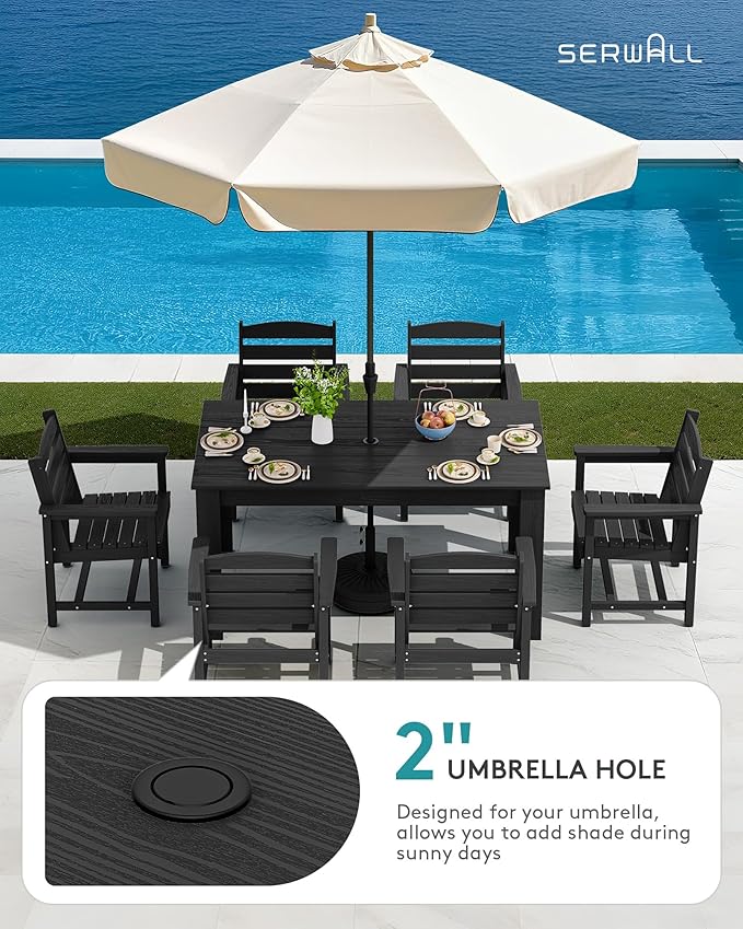 SERWALL Patio Dining Set for 4, Outdoor Dining Sets for 4 Person with 1 Umbrella Hole Cut-Out Rectangular Table and 4 Chairs, HDPE Dining Sets for Garden, Backyard, Poolside, Black
