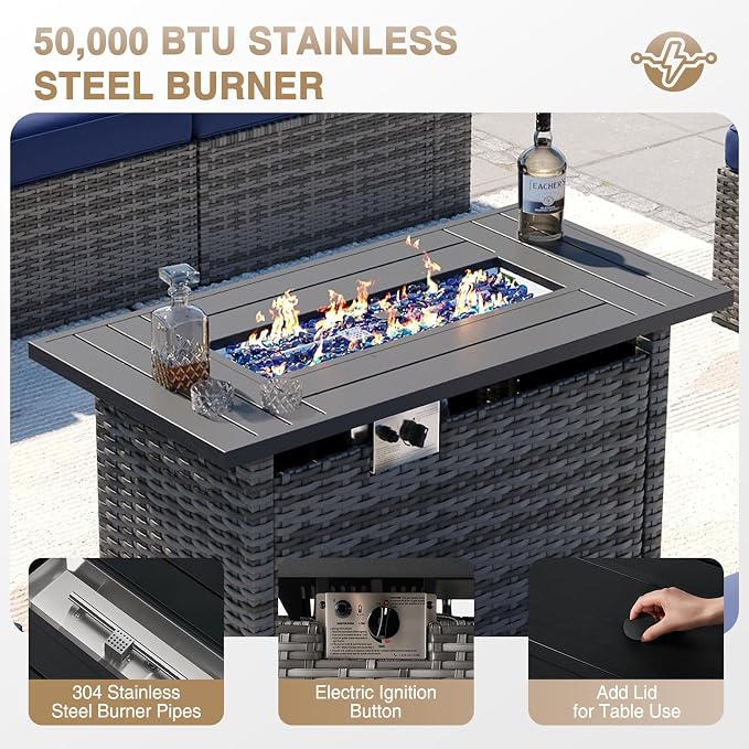 Aoxun Patio Furniture Sets, 9-Piece Outdoor Patio Furniture with 44'' Propane Gas Firepit Table and 11FT X 11FT Cantilever Umbrella, Wicker Outdoor Conversation Set for Backyard