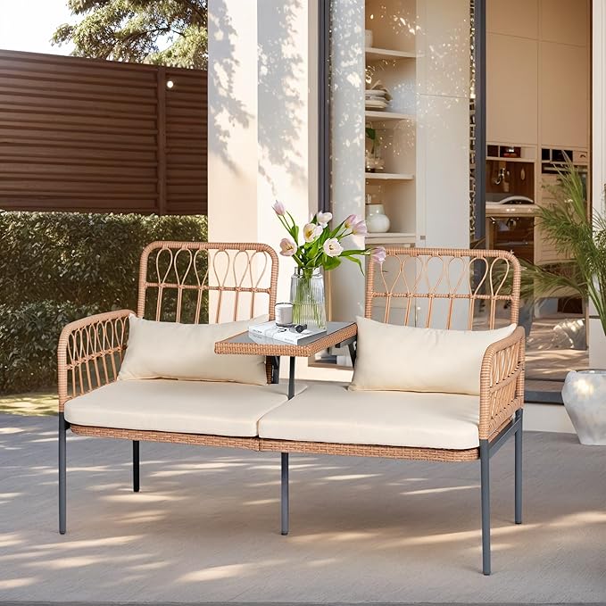 PROHIKER Patio Furniture Outdoor Rattan Loveseat 2-Seat with Built-in Table, Lumbar Pillows and Cushions, All-Weather Wicker Loveseat Porch Chairs for Balcony, Lawn, Backyard