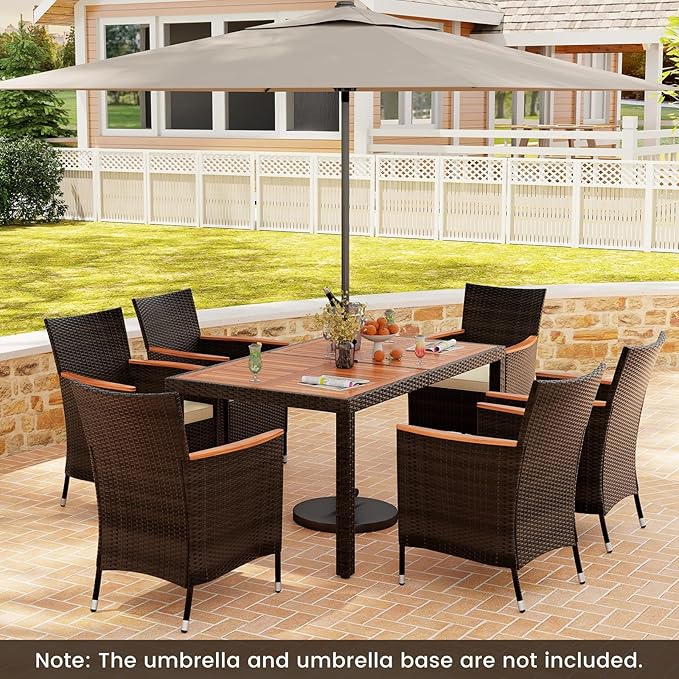 KOTEK 7 Piece Outdoor Dining Set, Wicker Patio Dining Set for 6 with Stackable Chairs & Acacia Wood Table, 1.96'' Umbrella Hole, Patio Table and Chairs Set for Backyard, Deck, Garden (Mix Brown)
