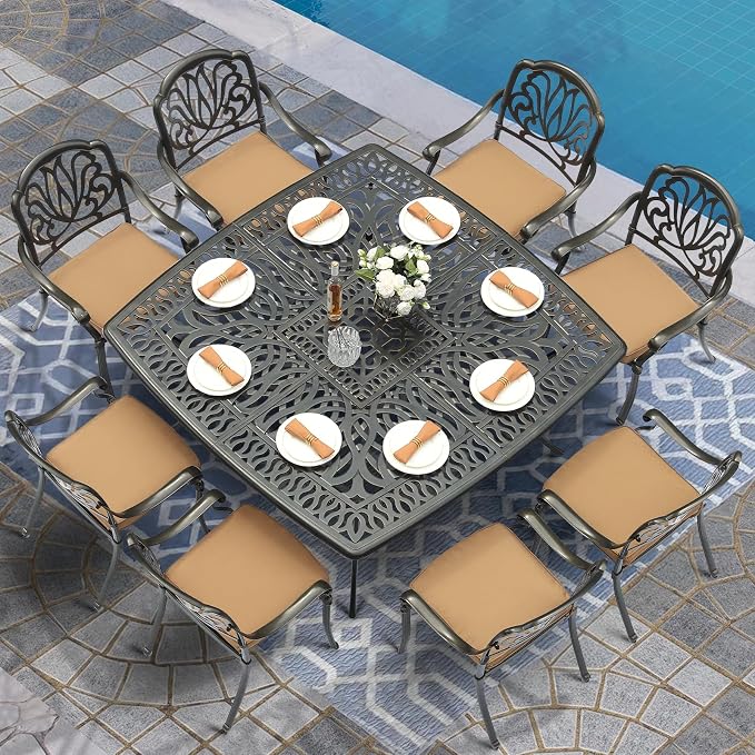MEETWARM Outdoor 64" Square Patio Dining Table for 8, All Weather Cast Aluminum Large Patio Furniture Table Fits for 8-10 Person with 2.2" Umbrella Hole for Garden Backyard Lawn, Dark Bronze