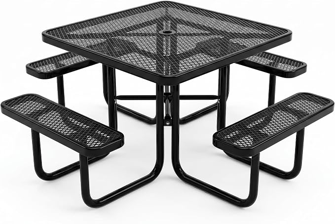 46-Inch Square Metal Outdoor Picnic Table – Commercial Heavy-Duty Steel Dining Table with Thermoplastic Coating, Weather & Rust Resistant, Ideal for Patio, Outside, Garden, Schools (Black)