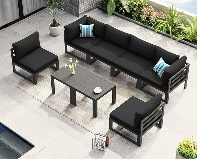 NICESOUL 6 Person Modern Aluminum Patio Furniture Set, 500 lbs Heavy Duty Sturdy Outdoor Sectional Sofa, 29" Deep Wide Oversized Seating, L Shaped Modular Conversation Couch for Garden Backyard, Black