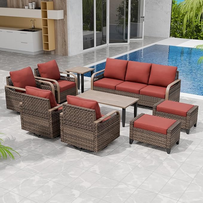 Modern Wicker Patio Furniture Set, Rattan Outdoor Conversation Set, 4 Swivel Rocking Chairs, 3 Seat Couch, 2 Ottomans, Coffee Table and Side Table, 9 Pieces, Brown/Red