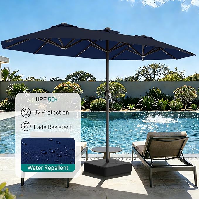 AreShark 15FT Patio Umbrella with Solar Lights, Double Sided Outdoor Table Umbrellas with Crank, Large Rectangular Market Umbrella for Porch, Lawn, Pool, Backyard, Navy