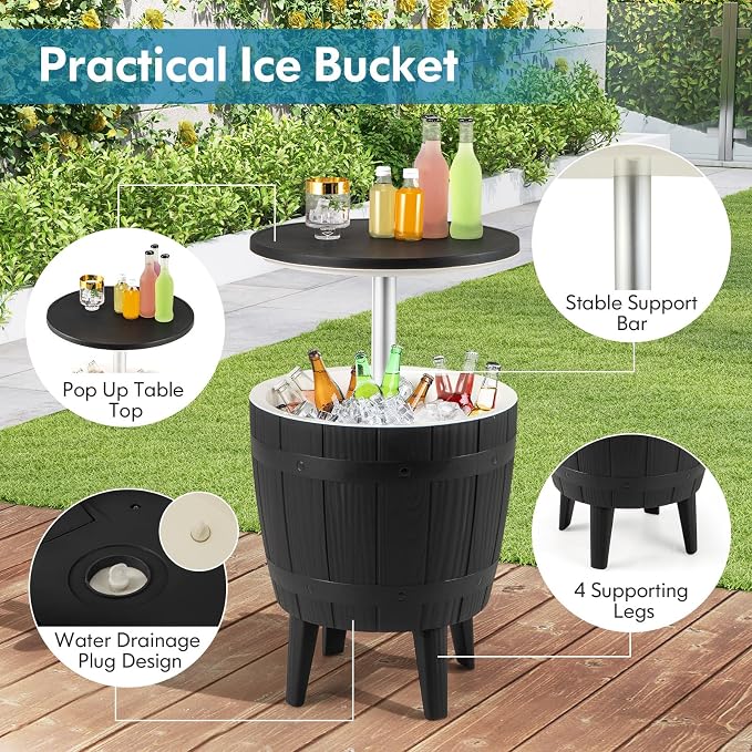 LDAILY Outdoor Cooler Table, 3-in-1 10 Gallon Ice Bucket with Height-Adjustable Tabletop, Cocktail Side Table with 110LB Capacity & Drain Plug for Poolside, Backyard, Patio Parties (Black)