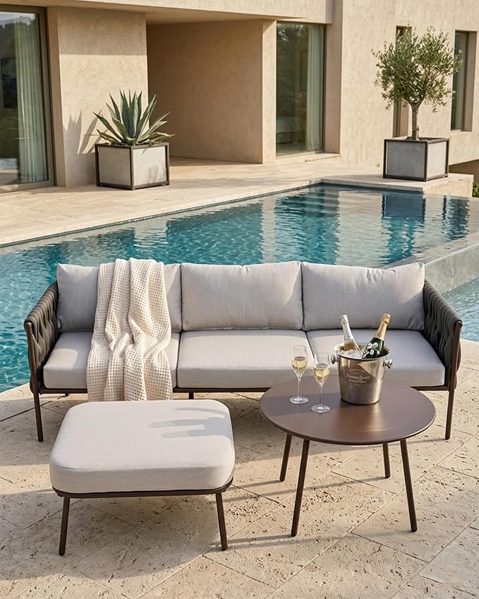 3 Piece Patio Furniture Set, Woven Rope Outdoor Sectional Sofa with Ottoman & Round Table, Deep Seating Patio Conversation Sets with Oversized 3-Seater Couch & Beige Washable Cushions