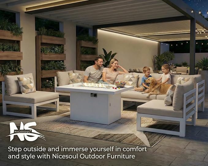 NICESOUL 15 Pcs Modern Aluminum Outdoor Patio Furniture Set with Fire Pit Table & Coffee Table, Extra Large L Shaped Modular Sectional Couch, 29" Wide Deep Seating Conversation Sofa for Terrace, Beige