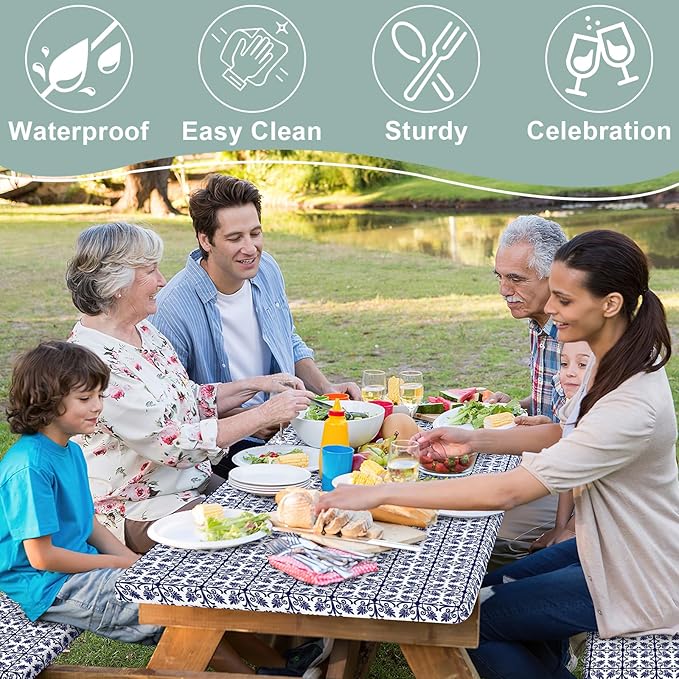 misaya Picnic Table Cover with Bench Cover, Waterproof Elastic Fitted Tablecloth for 5 Foot Tables, Rectangle Washable Polyester Tablecloths for Picnic, Camping, Outdoor (Navy, 30" x 60")