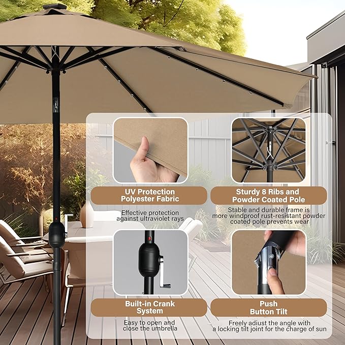 HealSmart 7.5ft Patio Umbrella with Push Button Tilt/Crank, Outdoor Table Market Yard Umbrella, 6 Sturdy Ribs for Garden, Deck, Backyard, Pool