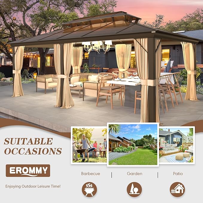 EROMMY 12'x20' Gazebo Polycarbonate Double Roof Canopy Outdoor Aluminum Frame Pergolas with Netting and Curtains for Garden Patio Lawns Parties