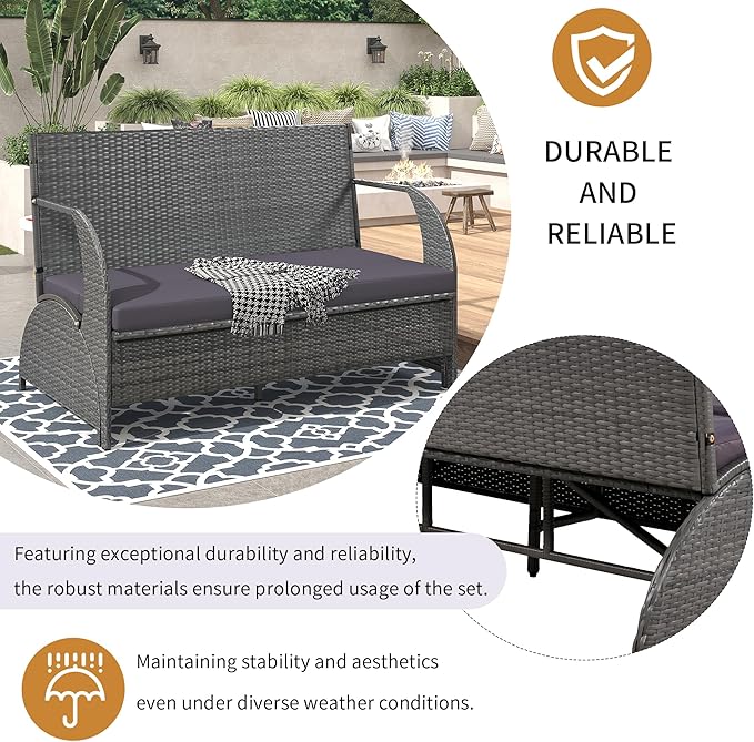 Merax Outdoor Rattan Loveseat, Patio Conversation Sets, Convertible to Four Seats with Table Sofa for Backyard, Garden and Lawn, Gray
