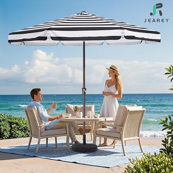 JEAREY 9 FT Patio Umbrella Outdoor, Table Umbrellas Market Umbrella w/Push Button Tilt/Crank, 8 Sturdy Ribs(Black White Striped)