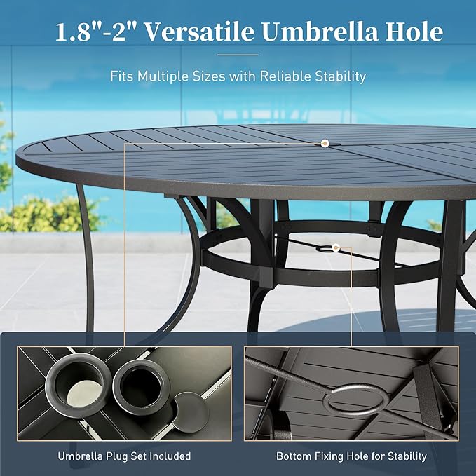 Patio Dining Set 9 Piece, 8 x Woven Rattan Swivel Chairs with Waterproof Cushion, 67" Round Metal Dining Table with Umbrella Hole, Outdoor Table and Chairs Set for Backyard Lawn and Deck, Beige