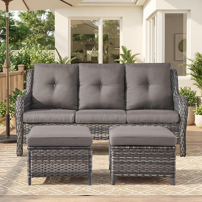 Belord 3-Piece PE Wicker Outdoor Sofa with 2 Ottomans, Luxury Patio Couch Convertible to Chaise Lounge, All-Weather High Back Deep Seat Woven Furniture for Deck, Porch - Grey/Grey