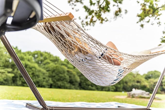 Lazy Daze Hammocks 12FT Double Rope Hammocks, 2 Person Hand Woven Cotton Hammock with Spreader Bar for Outside, Patio, Poolside, FIT 13-15 FT Stand, Max 450 Lbs, Natural, 141 x 57 inches