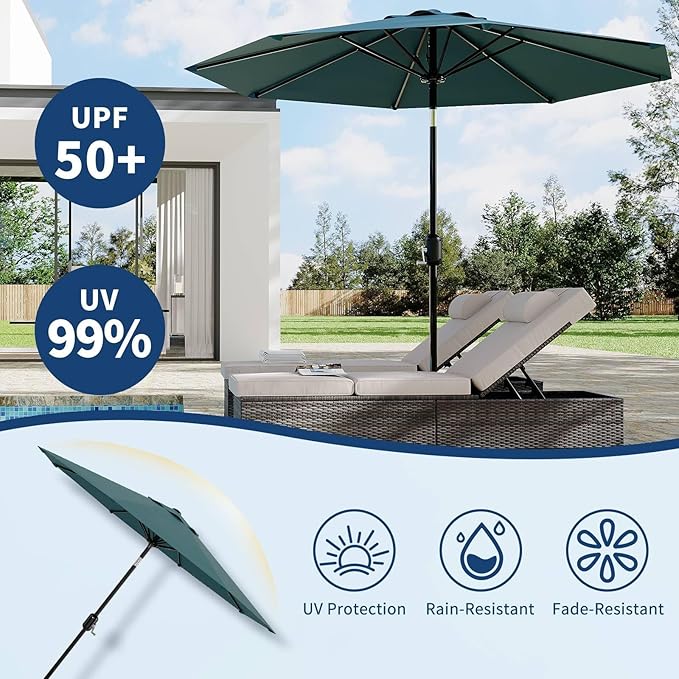 9FT Outdoor Patio Umbrella, 8 Ribs Market Table Umbrella with Tilt & Crank, UV-Resistant Waterproof for Pool, Deck, Backyard, Turquoise Blue