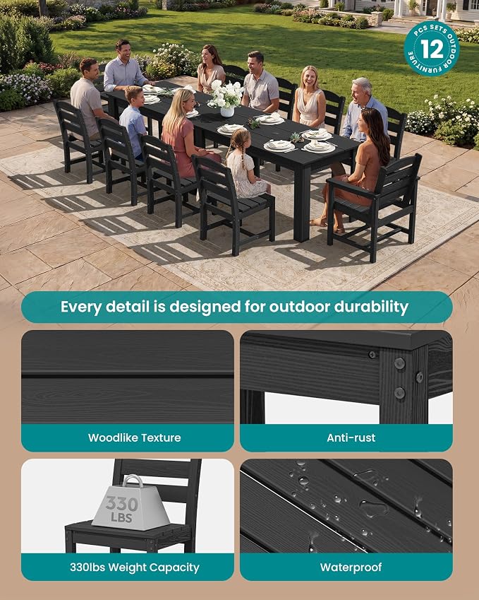 SERWALL Outdoor Dining Set for 10, w/ 2 Tables & 10 Chairs, Black | All Weather Resistant HDPE Dining Sets for Patio, Garden, Backyard