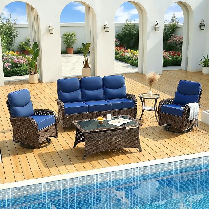 Patio Furniture Set with Luxury 6" Cushions, 5 Pcs High Back Swivel Rocking Patio Chairs and Couch, Outdoor Wicker Conversation Set for Deck, Porch, Backyard, Poolside, Blue