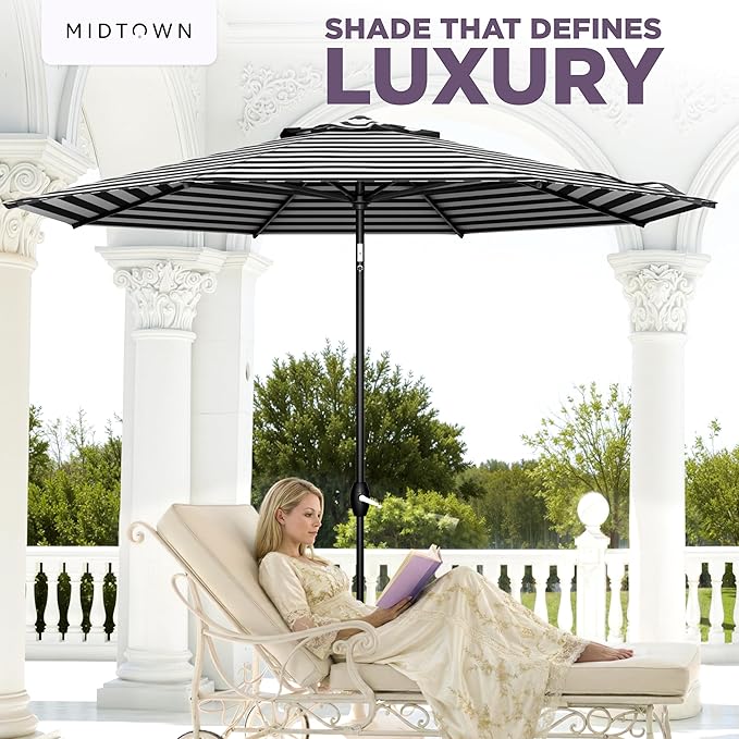 Midtown Umbrellas - The Lean 9 Ft Patio Umbrella with Fade-Resistant Sunbrella Fabric, Auto-Tilt Aluminum Frame and 8 Reinforced Ribs for Deck, Pool & Garden - Black & White Canopy, Black Pole
