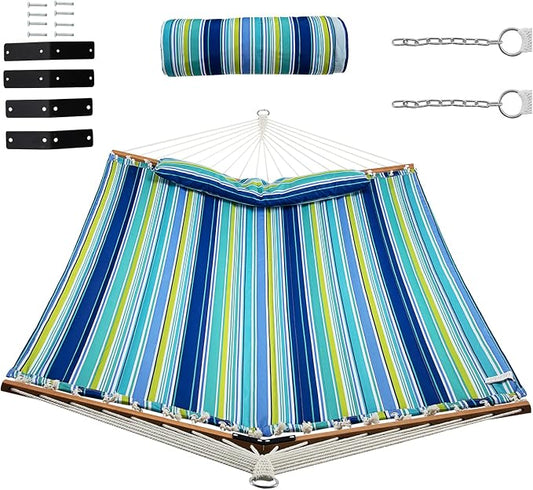 Giantex Hammock Swing Camping Hammock for Stand with Spreader Bar, Detachable Pillow, Hand Woven Cotton Ropes, Outdoor Hammocks for Patio, Backyard, Poolside(Hammock Without Stand) (Blue + Green)