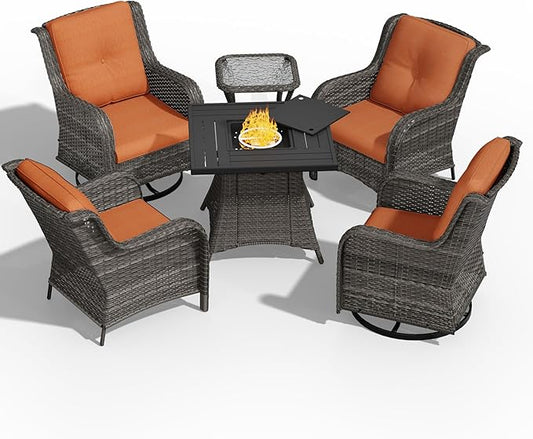 6 Pcs Patio Furniture Set with Fire Table-31'' Fire Pit Table, 1 Side Table, 4 Outdoor Rattan Wicker Conversation Chairs (2 Fixed & 2 Swivel) （Orange）