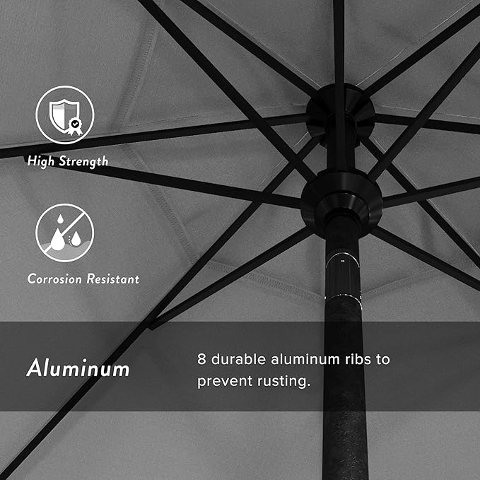 California Umbrella 9' Round Aluminum Market Umbrella, Crank Lift, Push Button Tilt, Black Pole, Pacifica