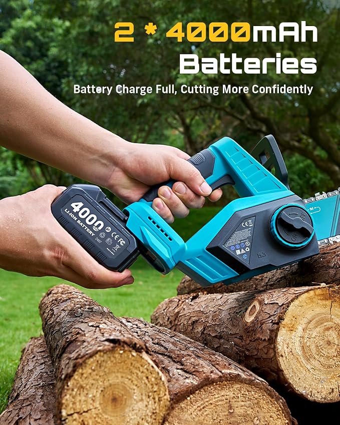 SEESII Electric Chainsaw Cordless 12-inch, Handheld Chain Saws with 2 x 4.0Ah Battery, Tree Saw with Tool-free Chain Tension, Auto Oiling for Wood Cutting Trimming Branch